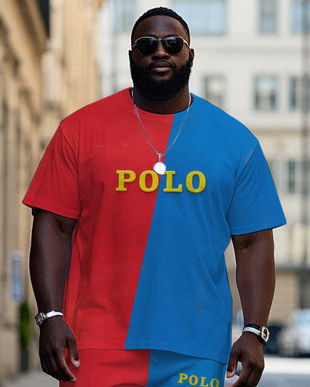 Big & Tall Blue Red Colorblock T-Shirt Pants Set for big men view 2