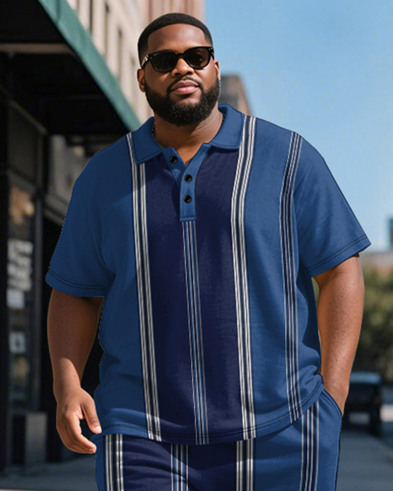Big & Tall Blue Striped Graphic Polo Shorts Set for big men view 3