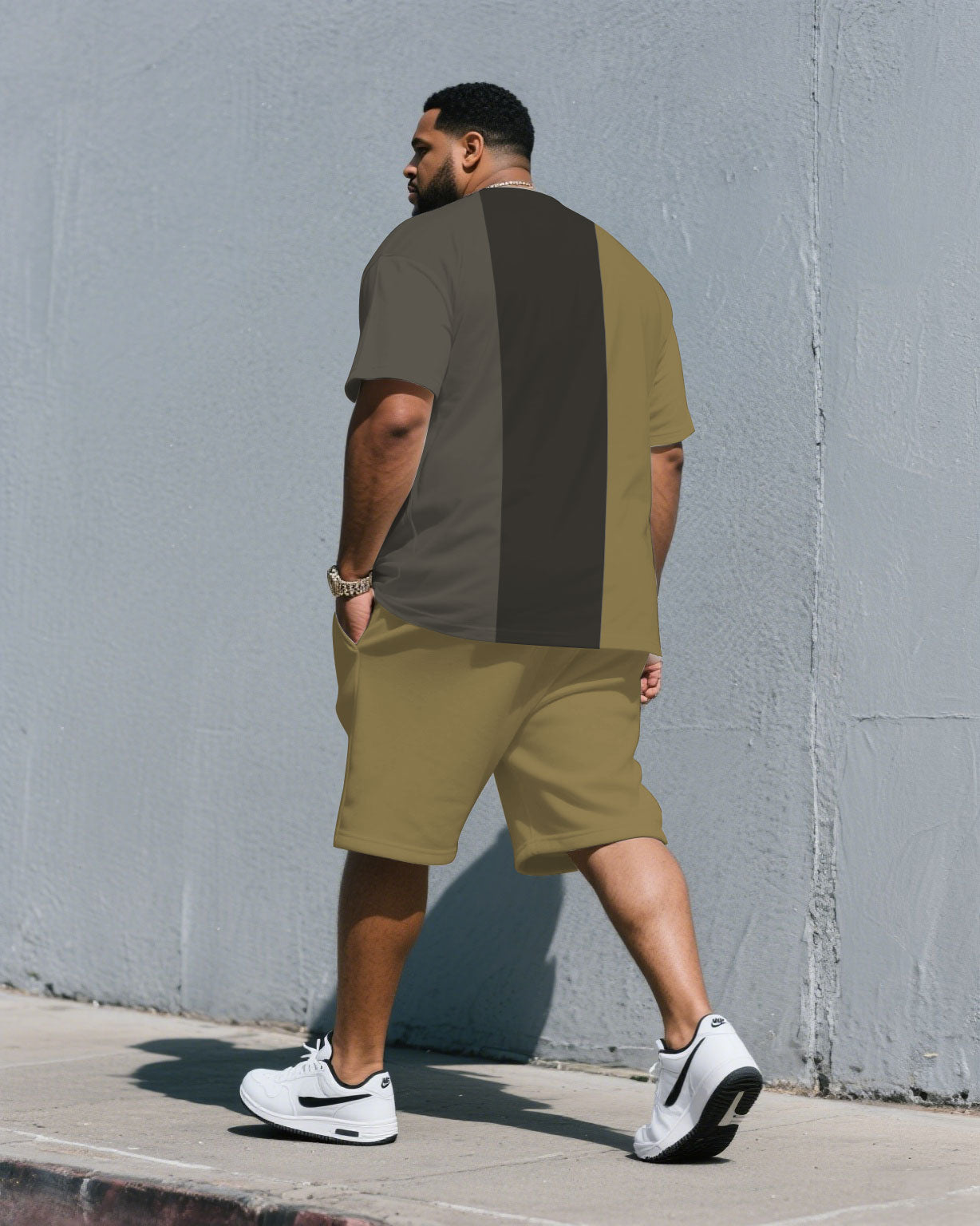 Big & Tall Khaki Gray Colorblock T-Shirt Shorts Set for big men view 4