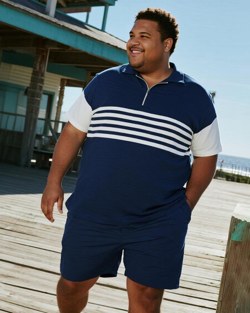Big & Tall Blue Striped Graphic Polo Shorts Set for big men view 1