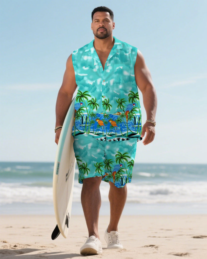 Big & Tall Green Hawaiian Graphic T-Shirt Shorts Set for big men view 1
