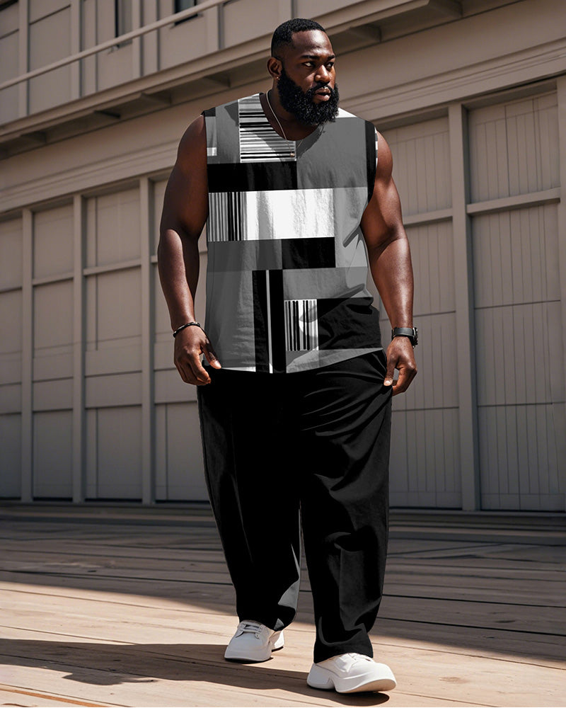 Big & Tall Gray Colorblock Geometric Vest Pants Set for big men view 1