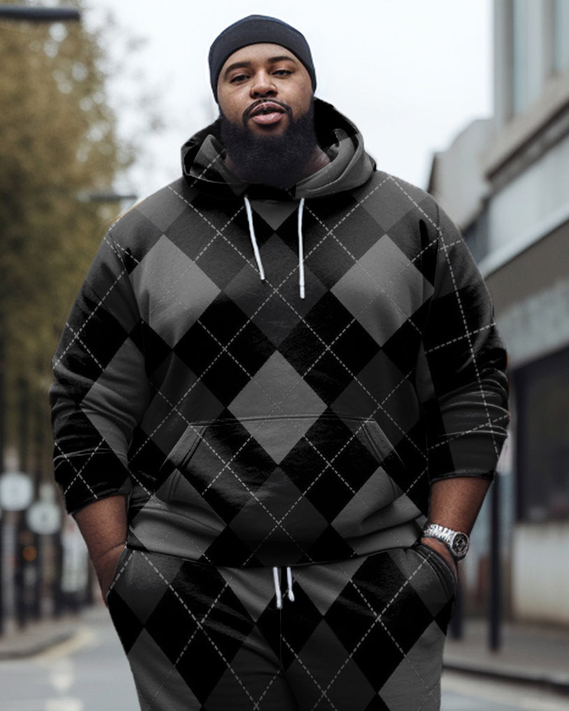 Big & Tall Black Plaid Hoodie Sweatpants Set for big men view 2