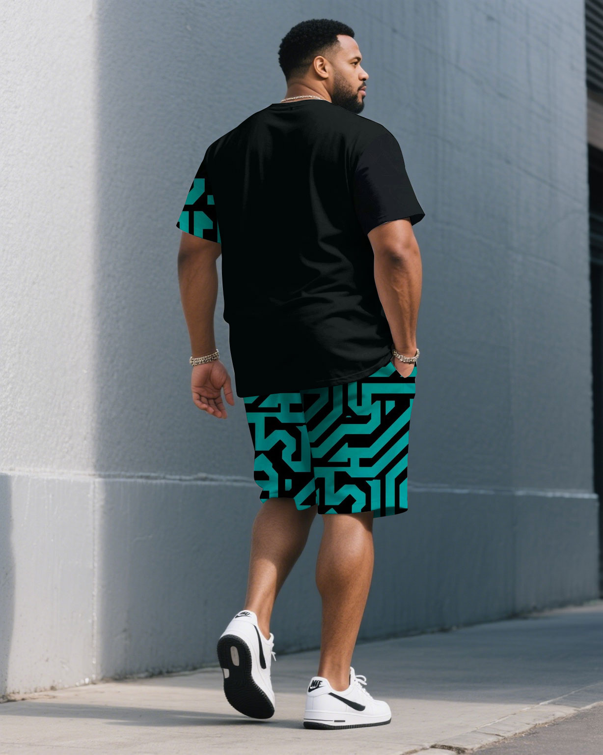 Big & Tall Black Geometric T-Shirt Shorts Set for big men view 4