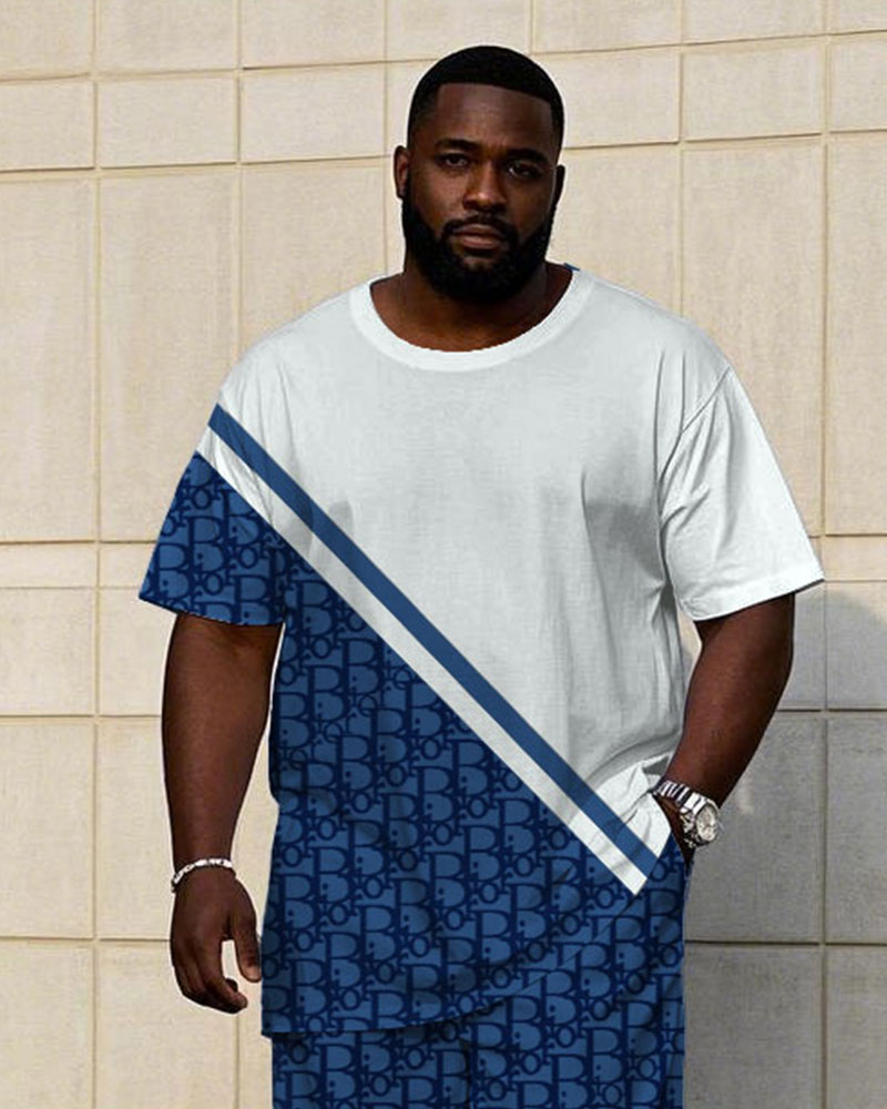 Big & Tall White Blue Colorblock T-Shirt Pants Set for big men view 2