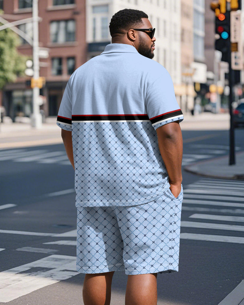 Big & Tall Blue Graphic Patchwork Polo Shorts Set for big men view 4