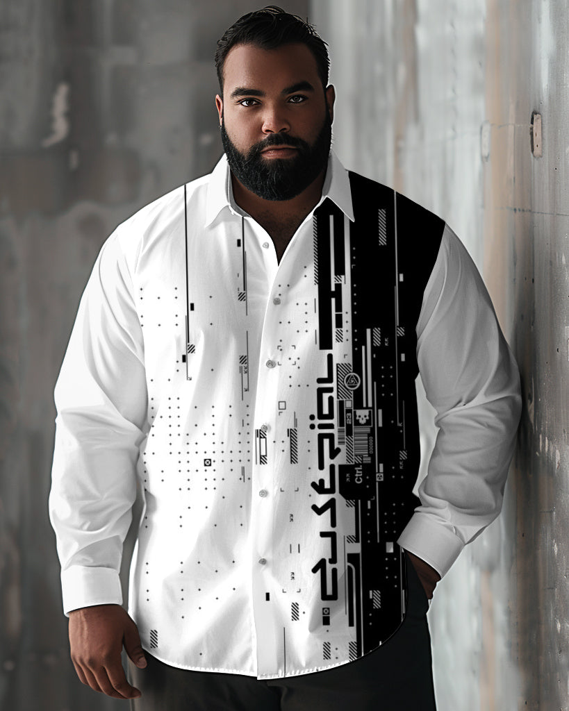 Big & Tall Black White Geometric Long Sleeve Shirt for big men