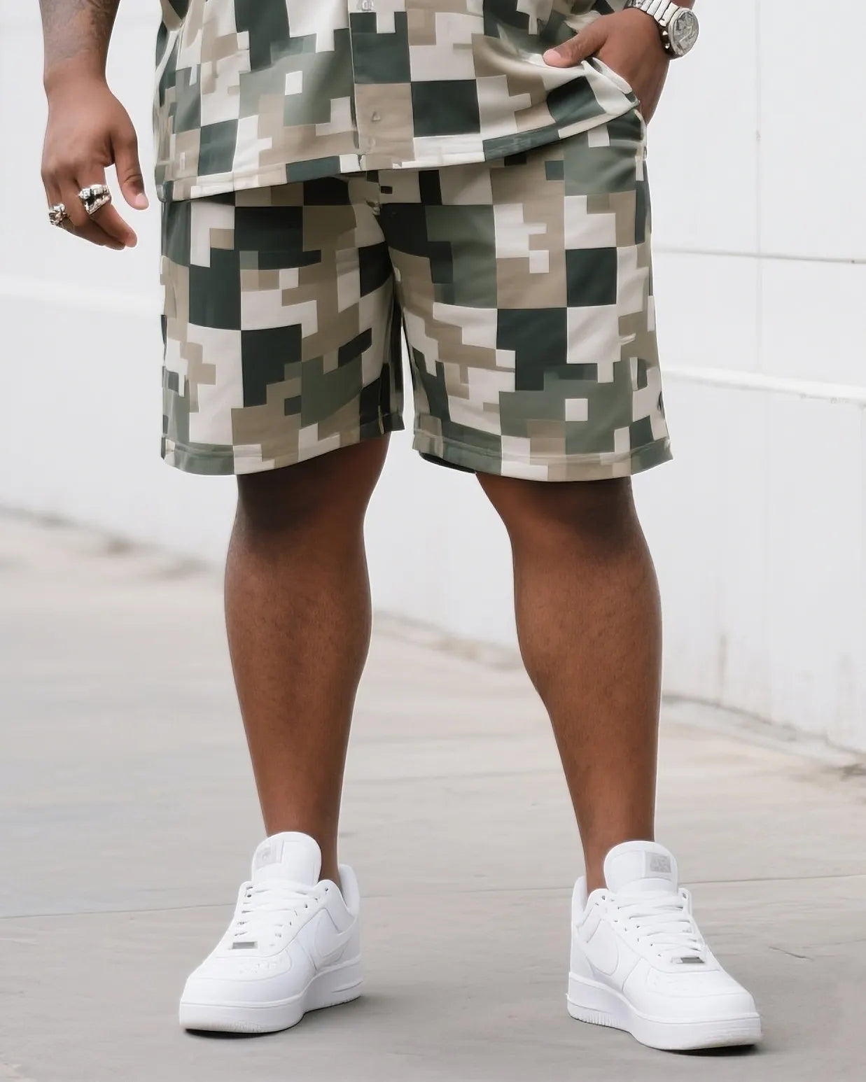 Big & Tall Plaid Camouflage T-Shirt Shorts Set for big men view 6