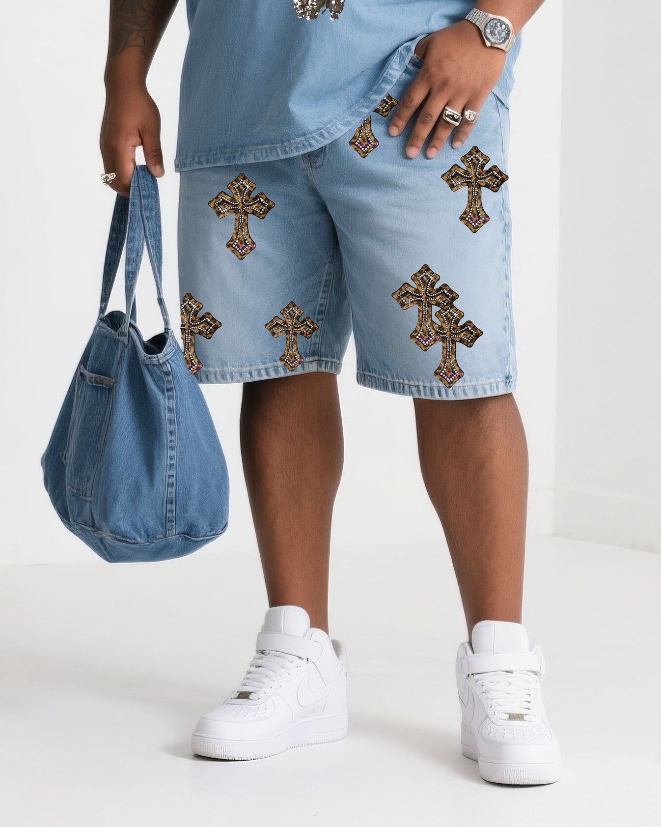 Big & Tall Denim Graphic T-Shirt Shorts Set for big men view 3