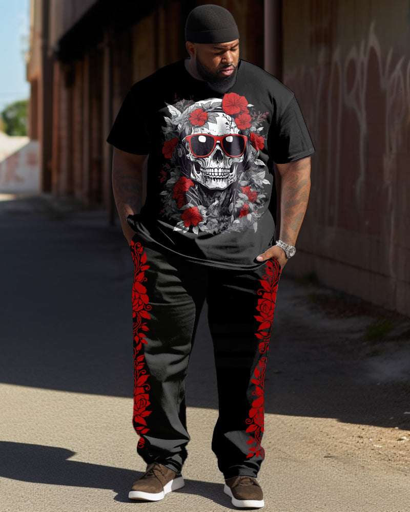 Big & Tall Graphic Floral Skull T-Shirt Pants Set for big men view 1