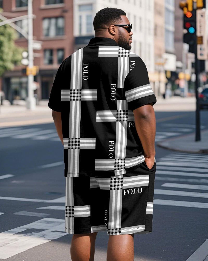 Big & Tall Black Striped Graphic Polo Shorts Set for big men view 4
