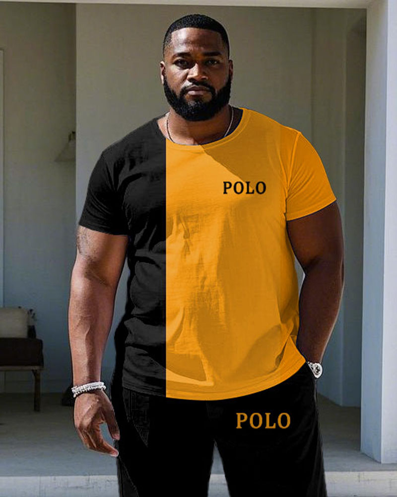 Big & Tall Black Orange Colorblock T-Shirt Pants Set for big men view 2