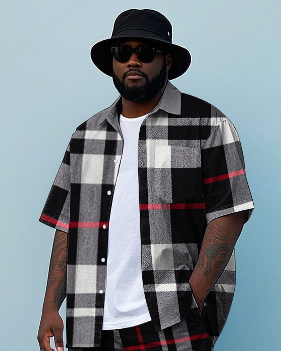 Big & Tall Black Plaid T-Shirt Shorts Set for big men view 2