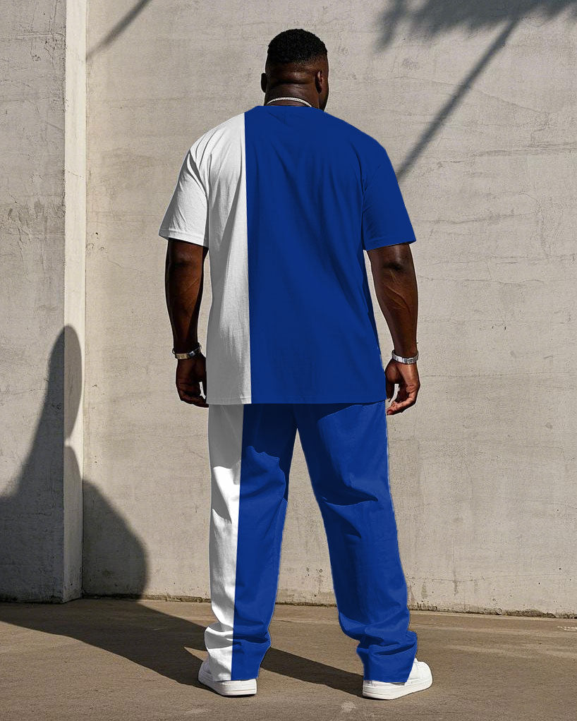 Big & Tall White Blue Colorblock T-Shirt Pants Set for big men view 4