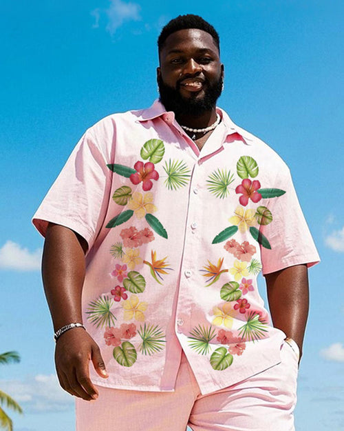 Big & Tall Pink Hawaiian Graphic T-Shirt Shorts Set for big men view 2