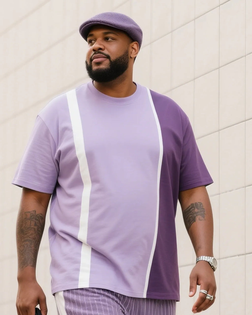 Big & Tall Purple Striped Streetwear Two-piece Set for big men view 2