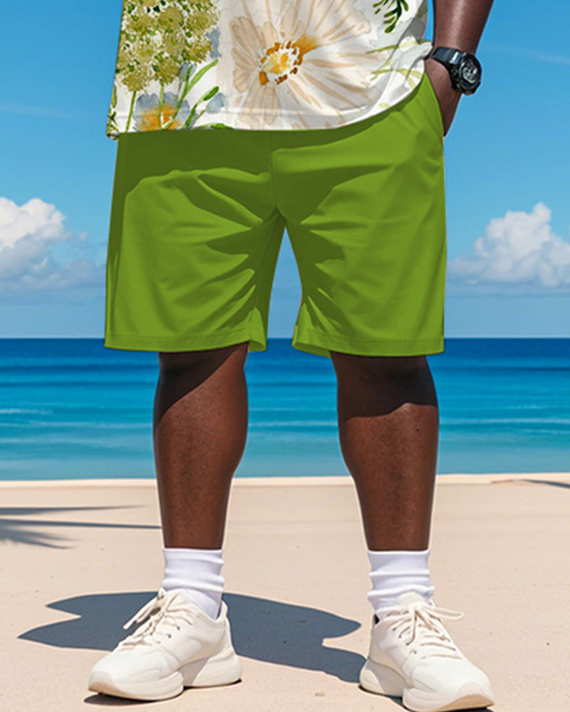 Big & Tall Green Hawaiian Graphic T-Shirt Shorts Set for big men view 3