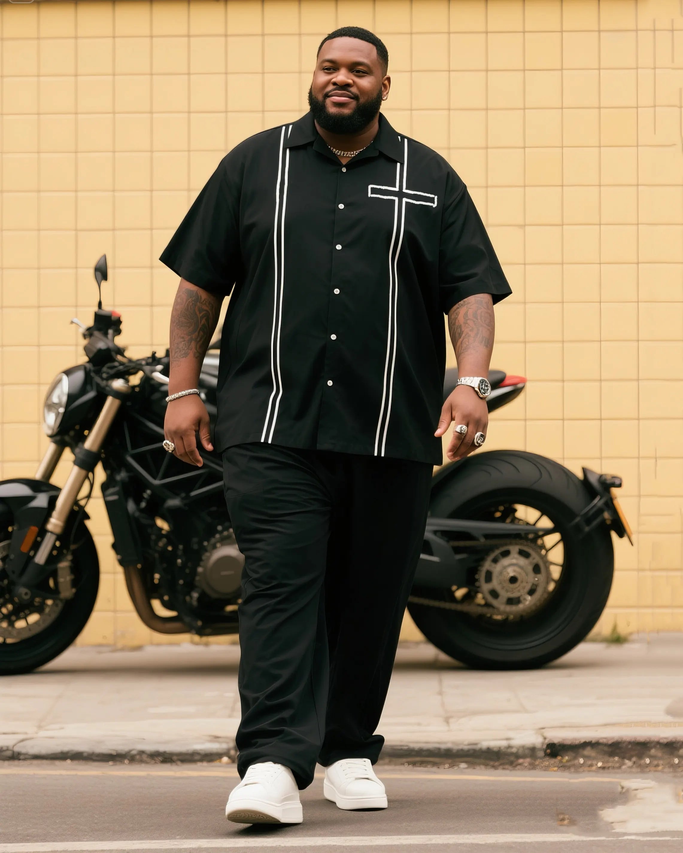 Big & Tall Black Striped T-Shirt Pants Set for big men view 1