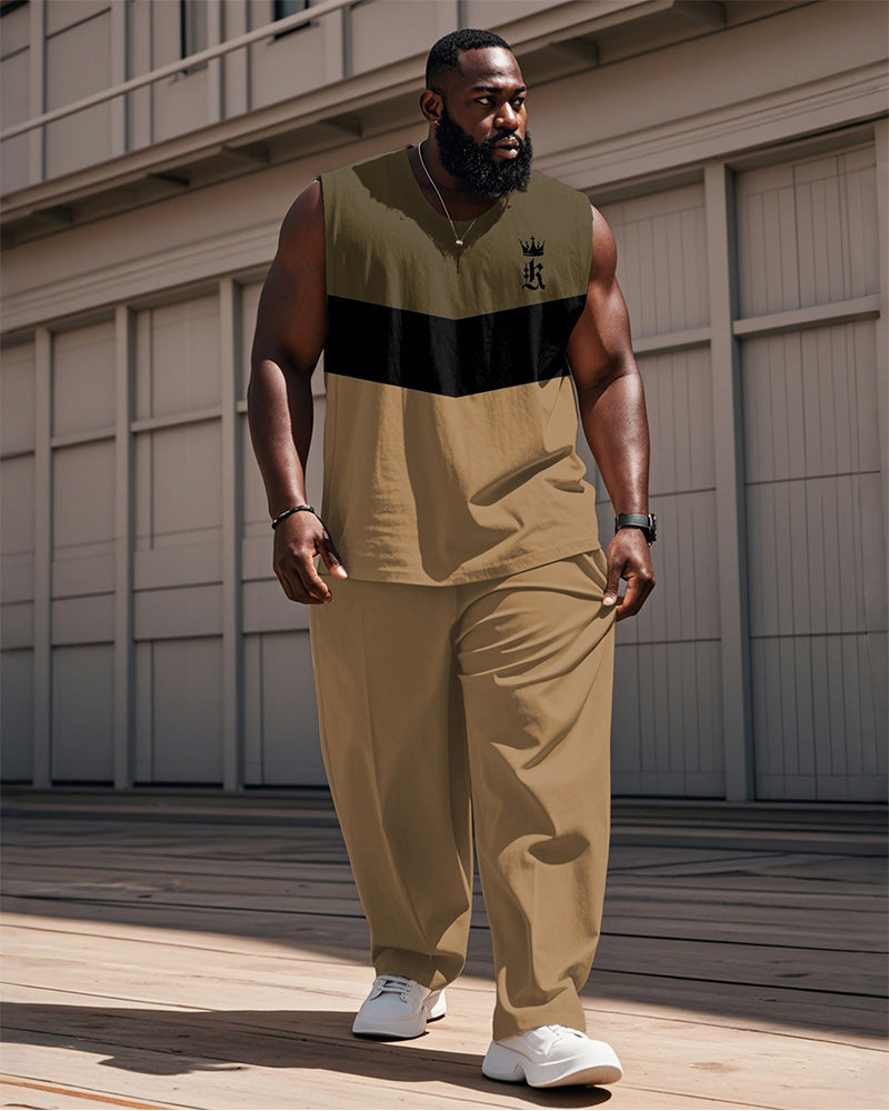 Big & Tall Khaki Colorblock Geometric Vest Pants Set for big men view 1