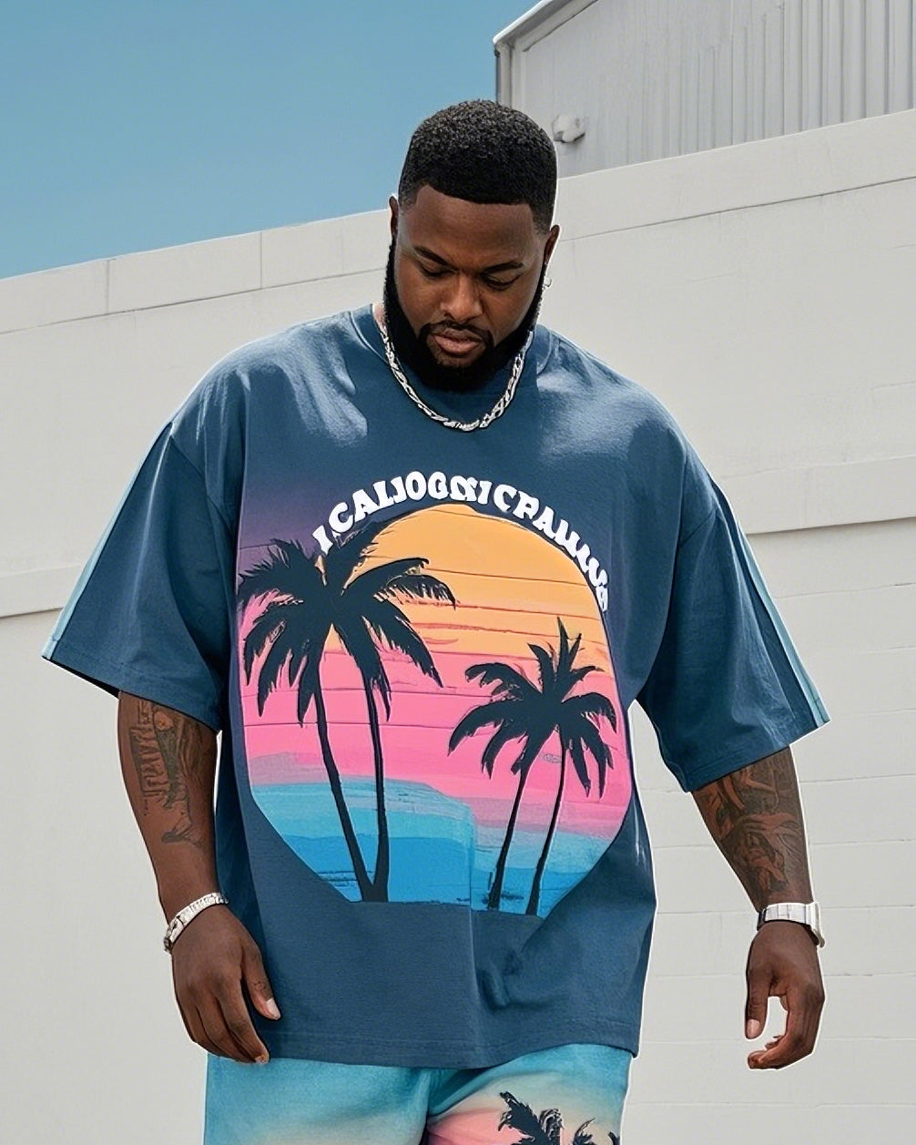 Big & Tall Hawaiian Graphic T-Shirt Shorts Set for big men view 2