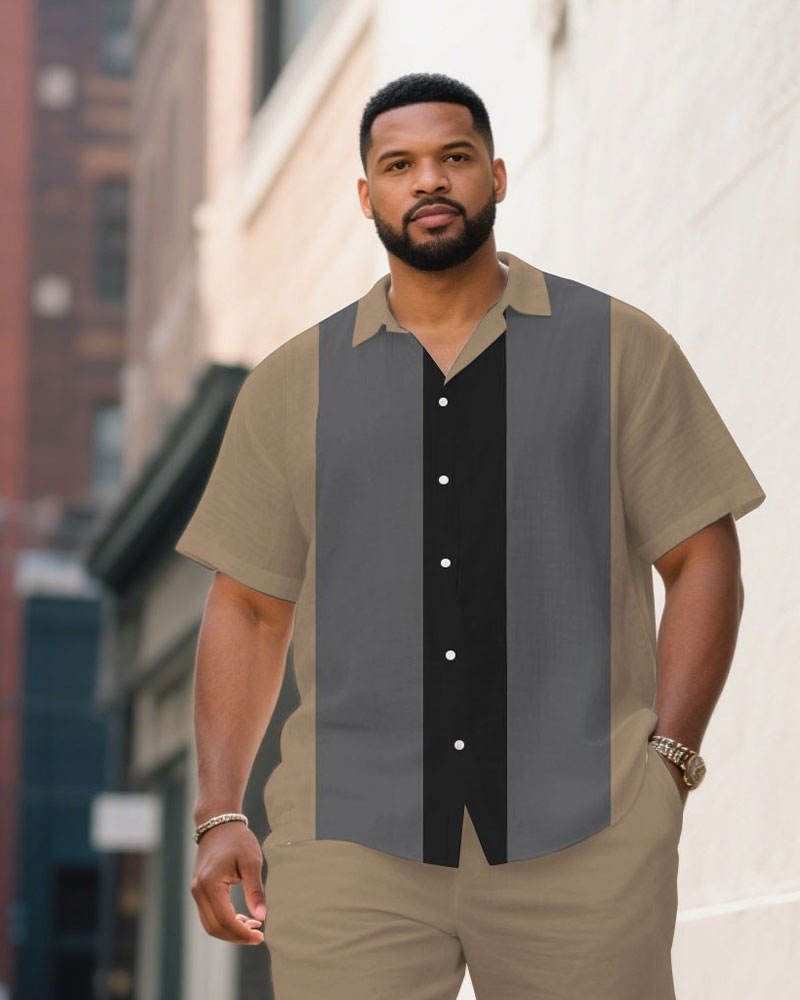 Big & Tall Black Khaki Colorblock T-Shirt Shorts Set for big men view 2