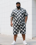 Big & Tall Black White Plaid T-Shirt Shorts Set for big men view 2