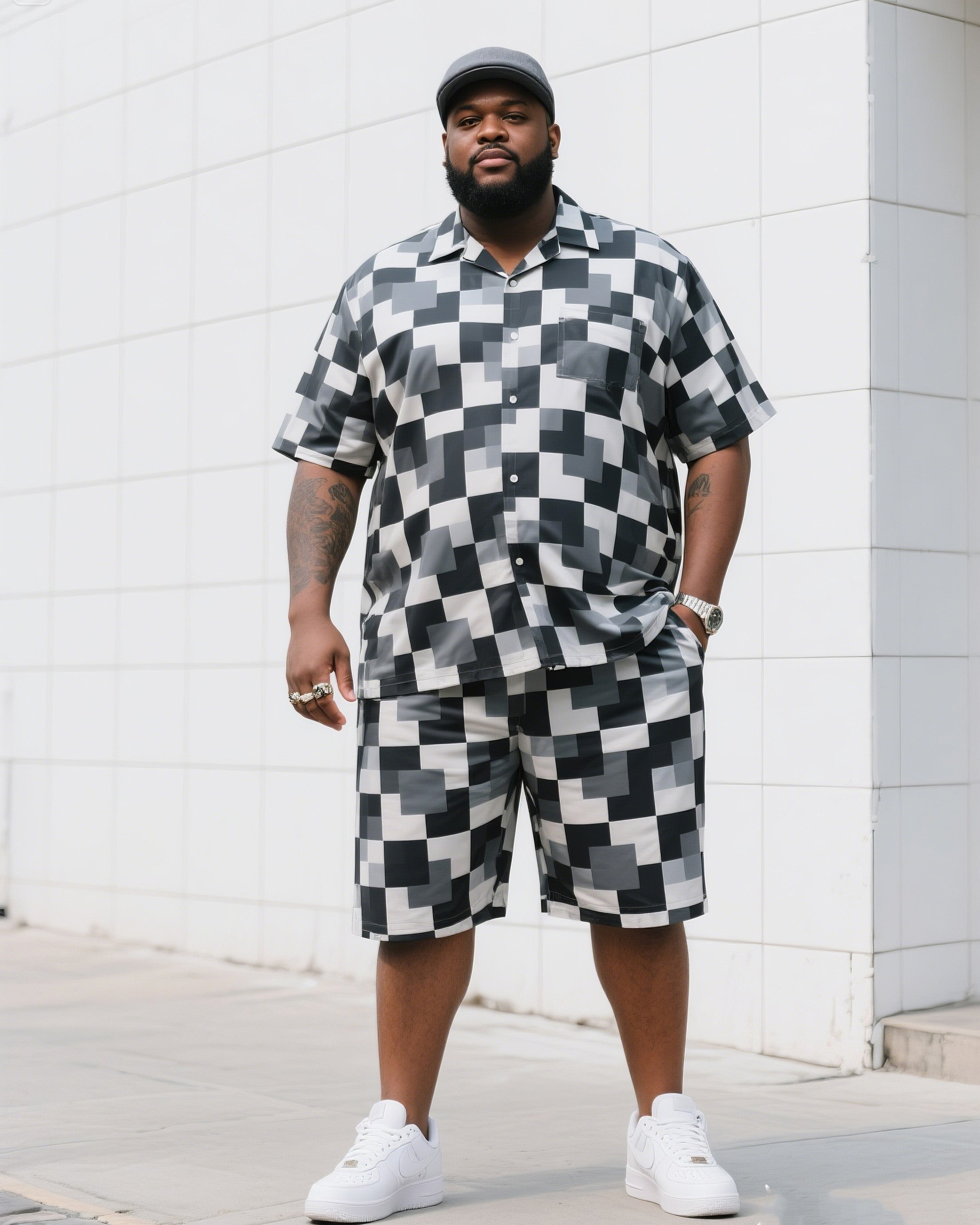 Big & Tall Black White Plaid T-Shirt Shorts Set for big men view 2