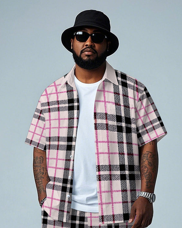 Big & Tall Pink Plaid T-Shirt Shorts Set for big men view 2