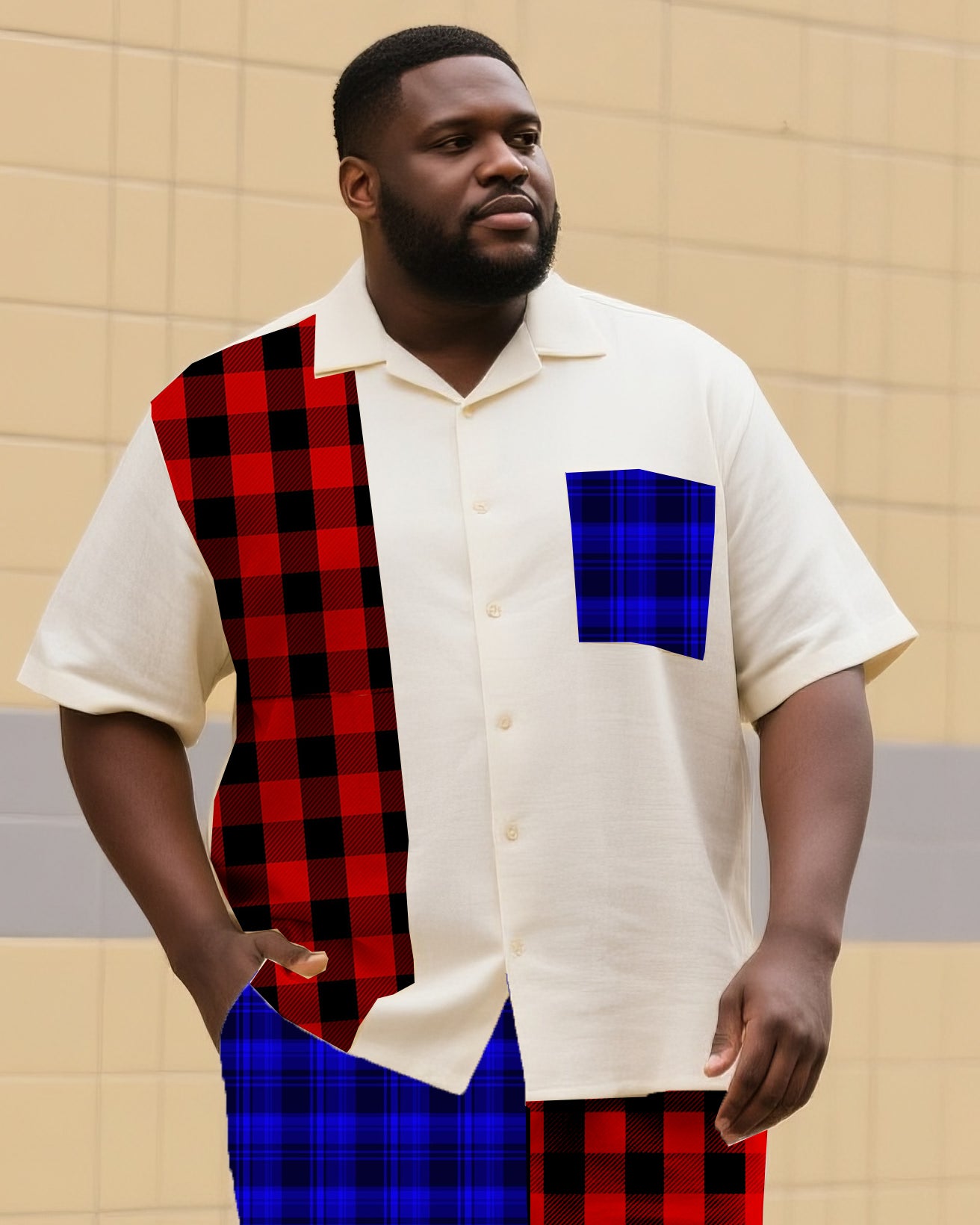 Big & Tall Colorblock Plaid T-Shirt Shorts Set for big men view 2