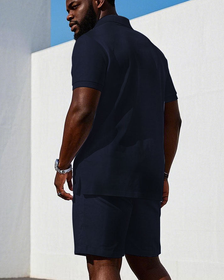 Big & Tall Blue Hawaiian Colorblock Polo Shorts Set for big men view 4