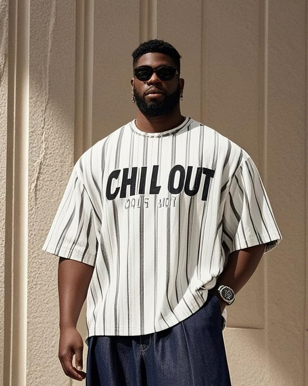 Big & Tall Black Striped Graphic T-Shirt Pants Set for big men view 2