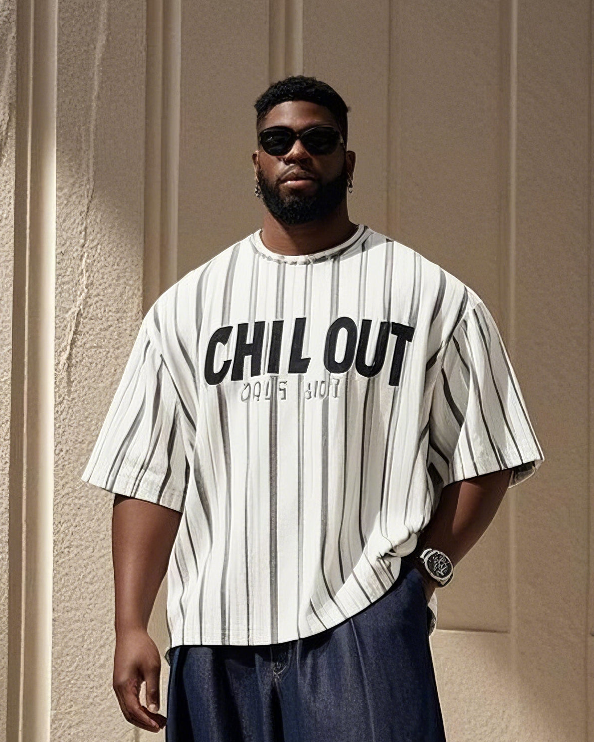 Big & Tall Black Striped Graphic T-Shirt Pants Set for big men view 2