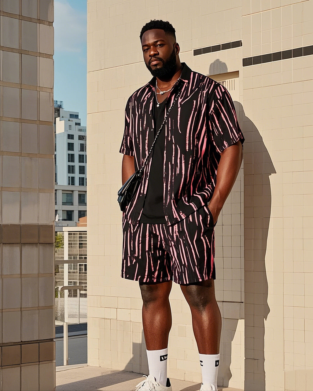 Big & Tall Black Red Colorblock T-Shirt Shorts Set for big men view 1