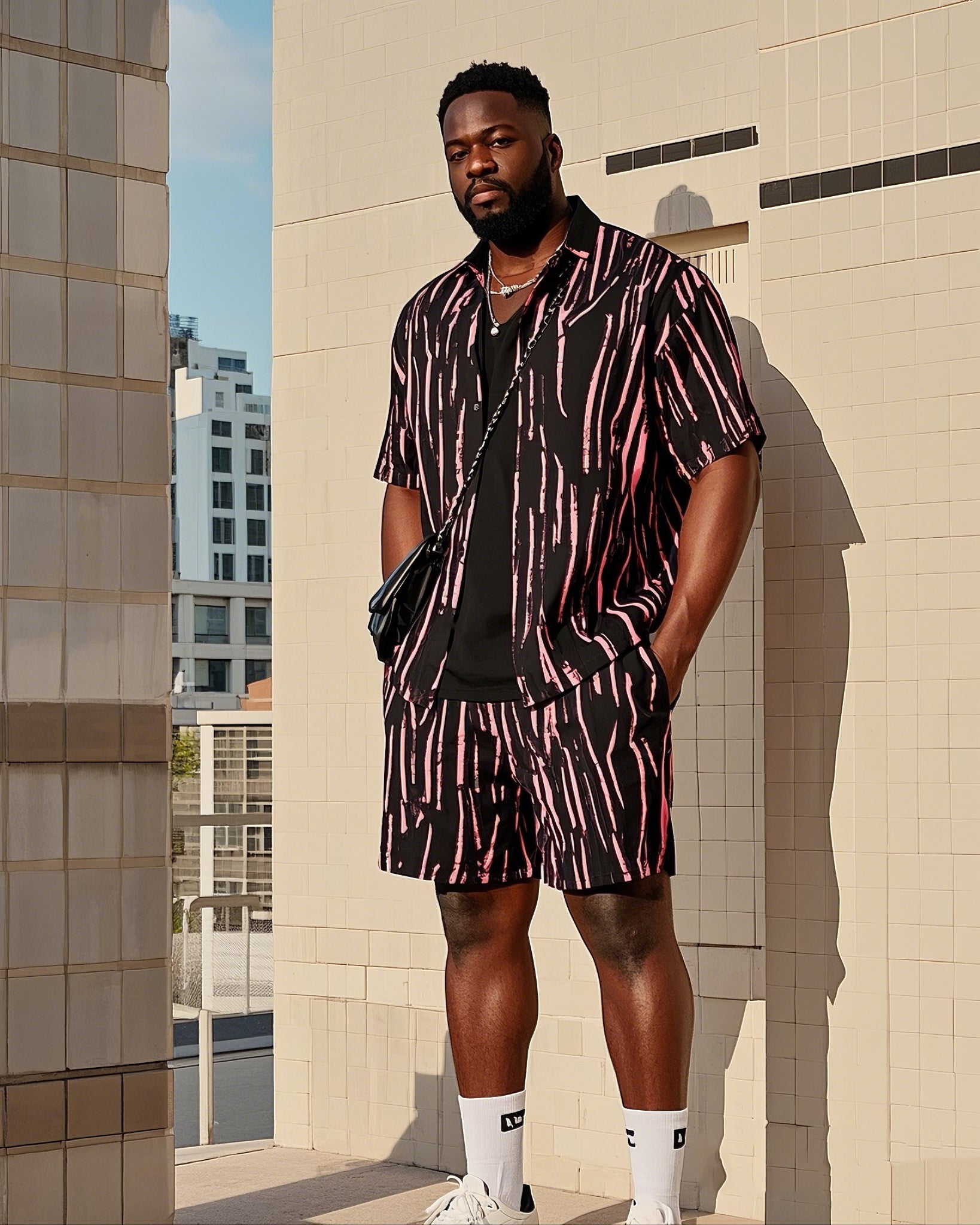 Big & Tall Black Red Colorblock T-Shirt Shorts Set for big men view 1