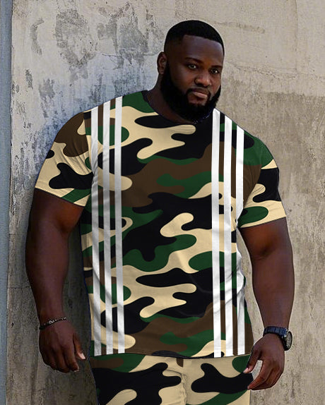 Big & Tall White Striped T-Shirt Shorts Set for big men view 2