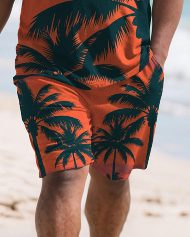 Big & Tall Orange Hawaiian Graphic T-Shirt Shorts Set for big men view 3