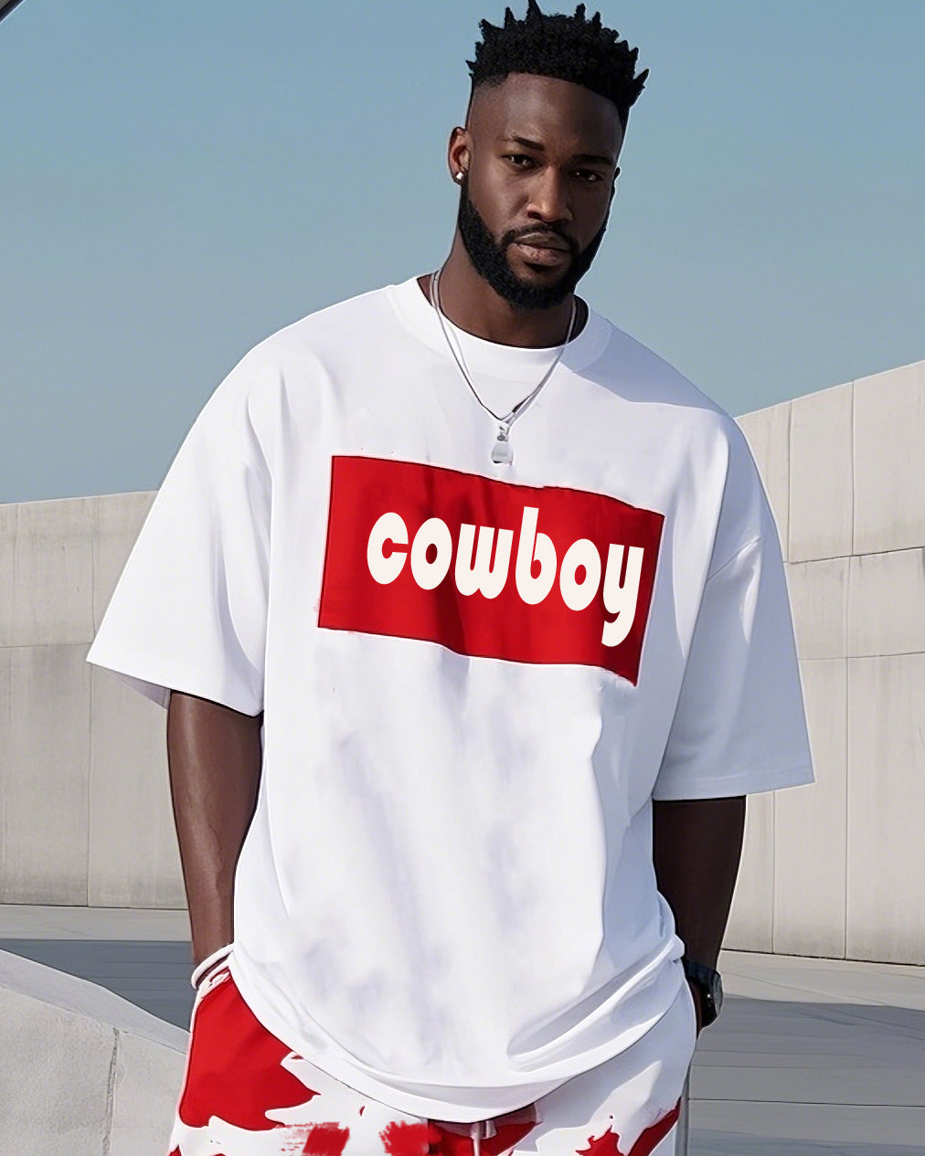 Big & Tall White Red Geometric T-Shirt Pants Set for big men view 2