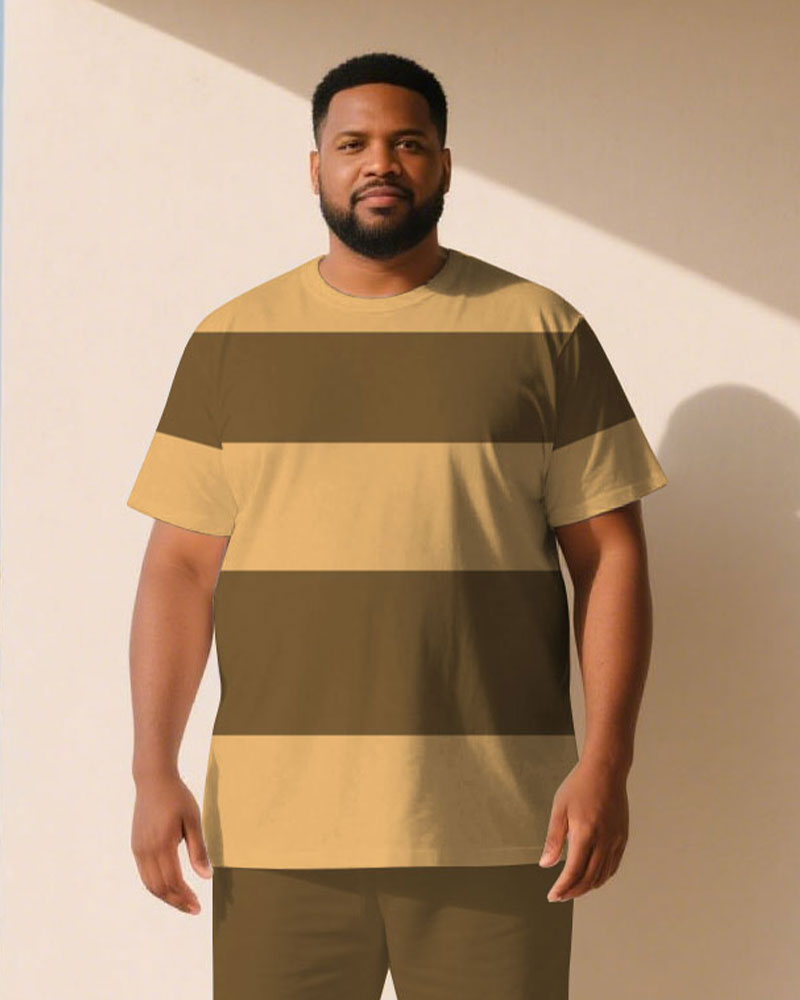 Big & Tall Khaki Striped T-Shirt Shorts Set for big men view 2