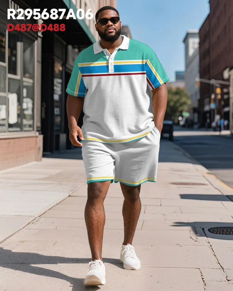 Big & Tall Green Colorblock Striped Polo Shorts Set for big men view 2