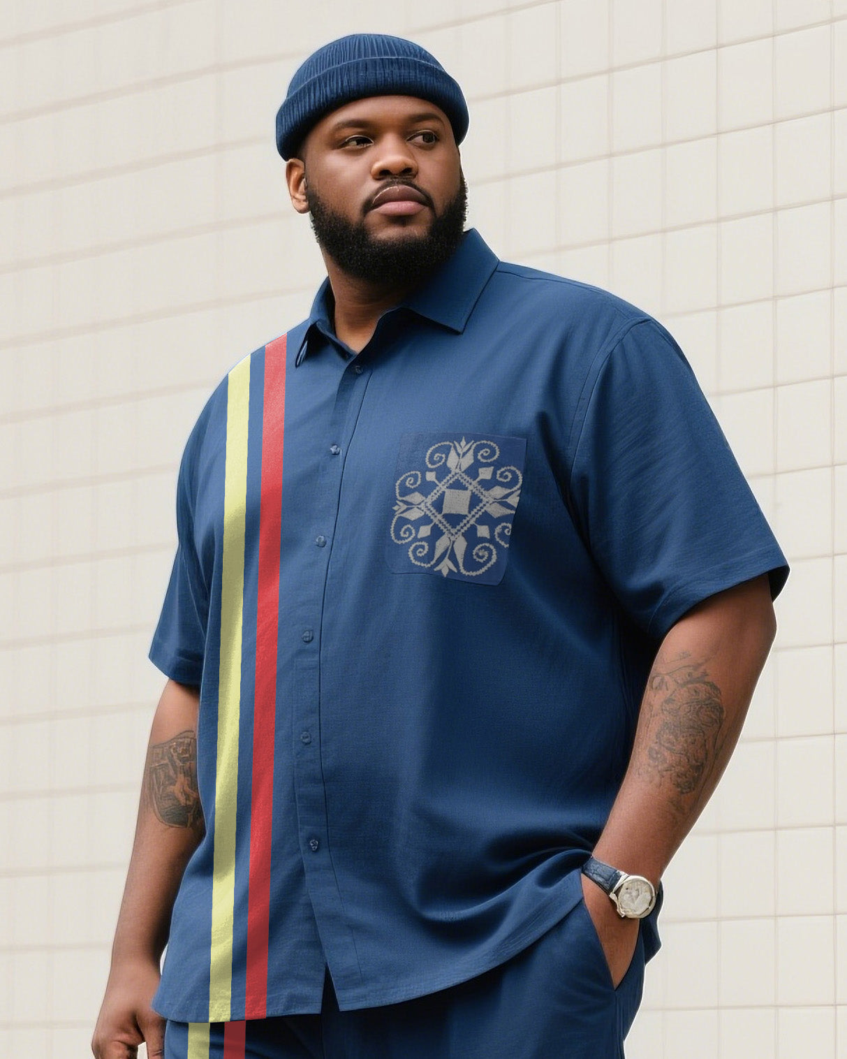 Big & Tall Blue Striped T-Shirt Pants Set for big men view 2
