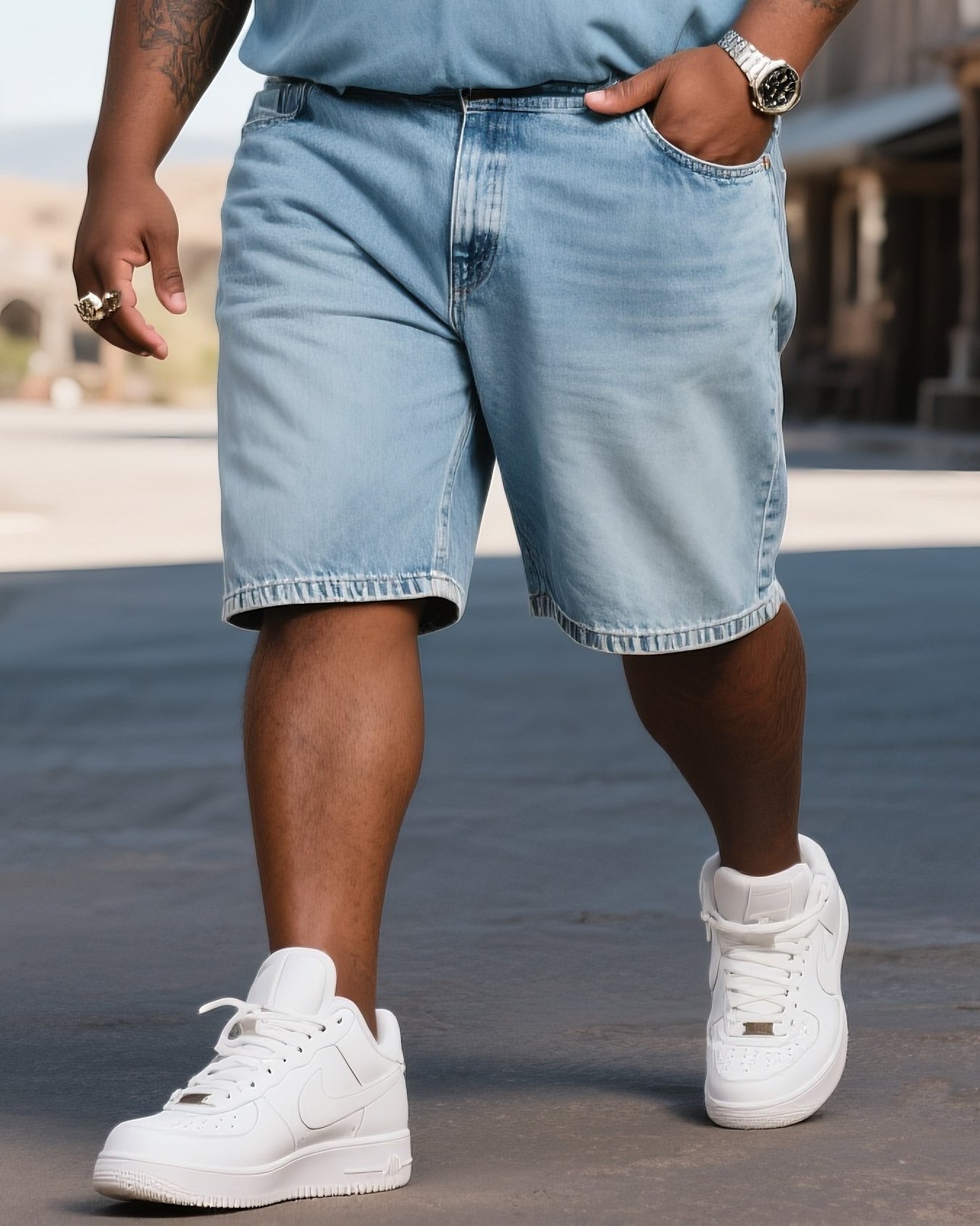 Big & Tall Denim Streetwear Polo Shorts Set for big men view 3