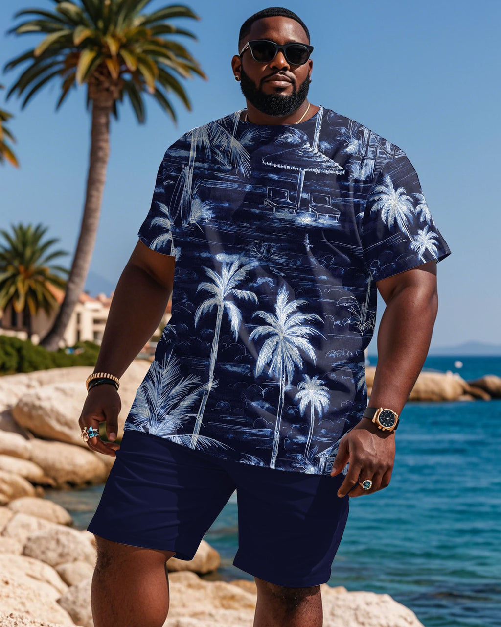 Big & Tall Blue Hawaiian Graphic T-Shirt Shorts Set for big men view 1