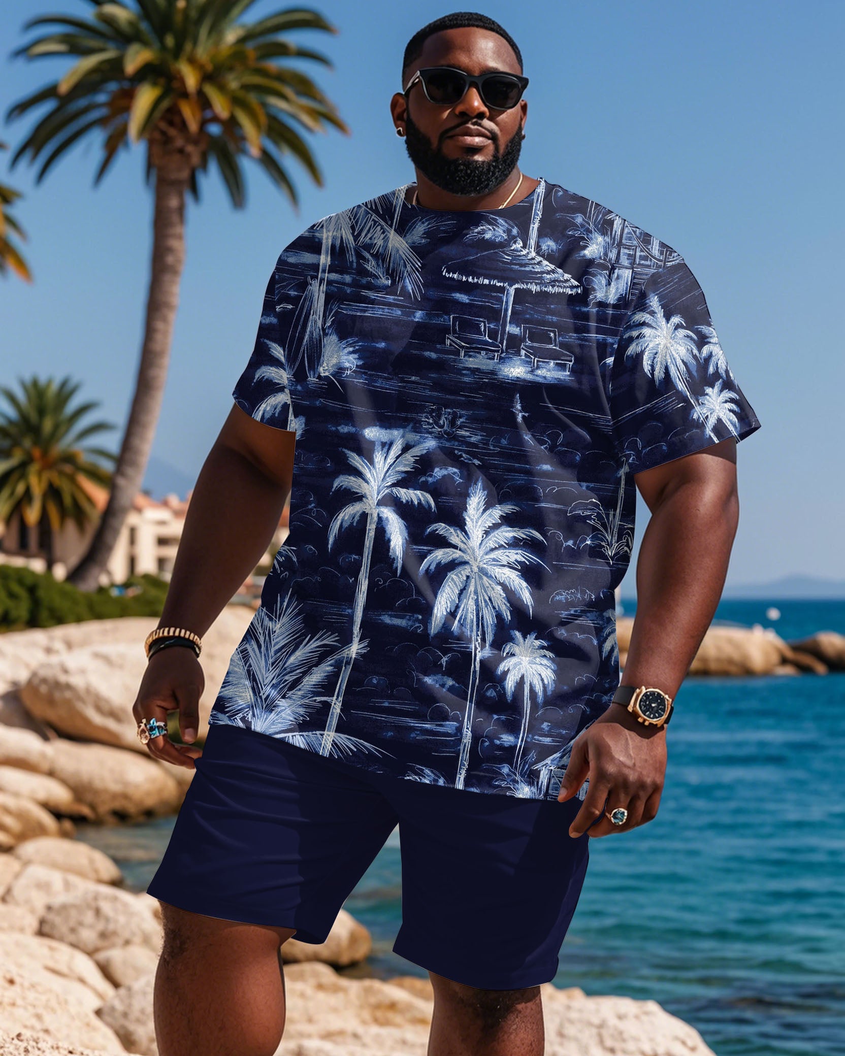 Big & Tall Blue Hawaiian Graphic T-Shirt Shorts Set for big men view 1
