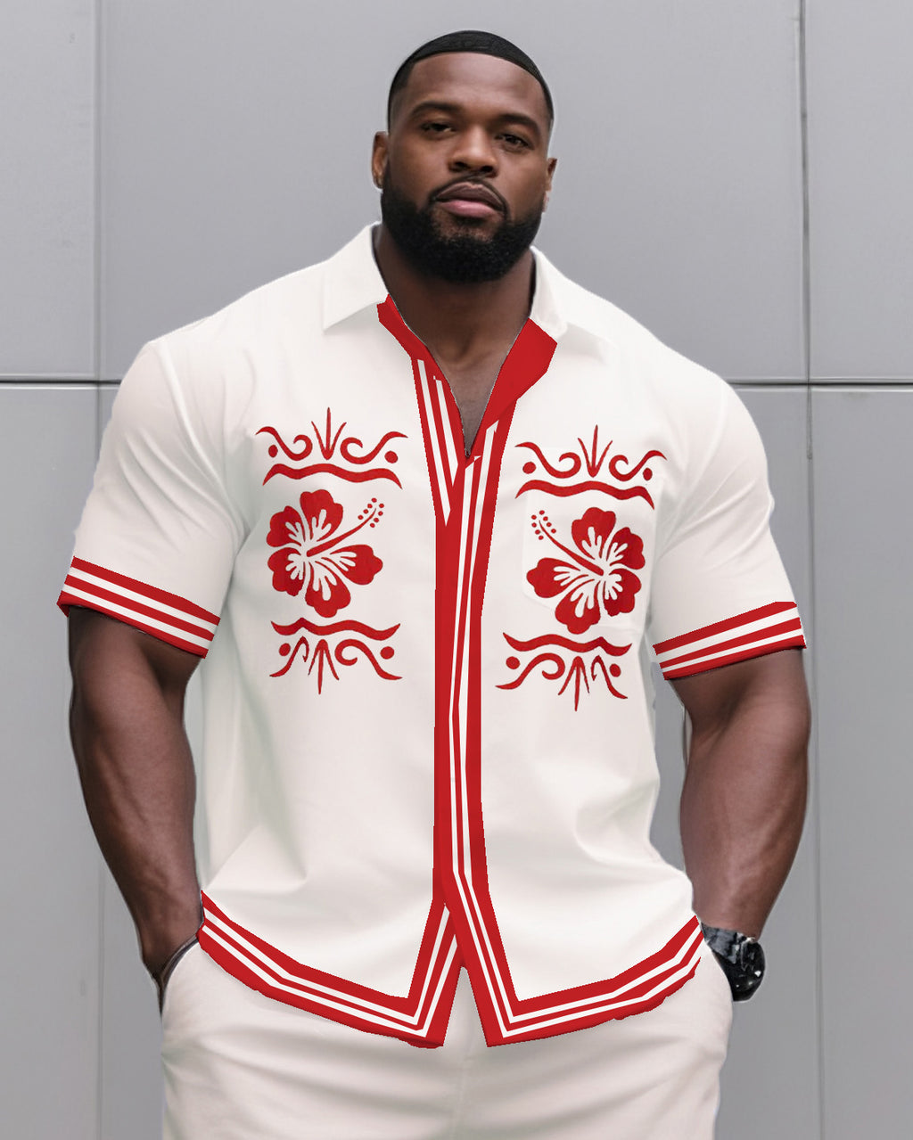 Big & Tall White Red Floral T-Shirt Shorts Set for big men view 2