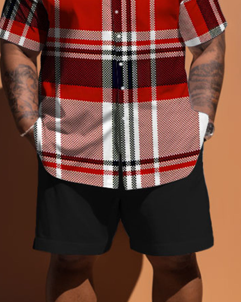 Big & Tall Red Plaid T-Shirt Shorts Set for big men view 3