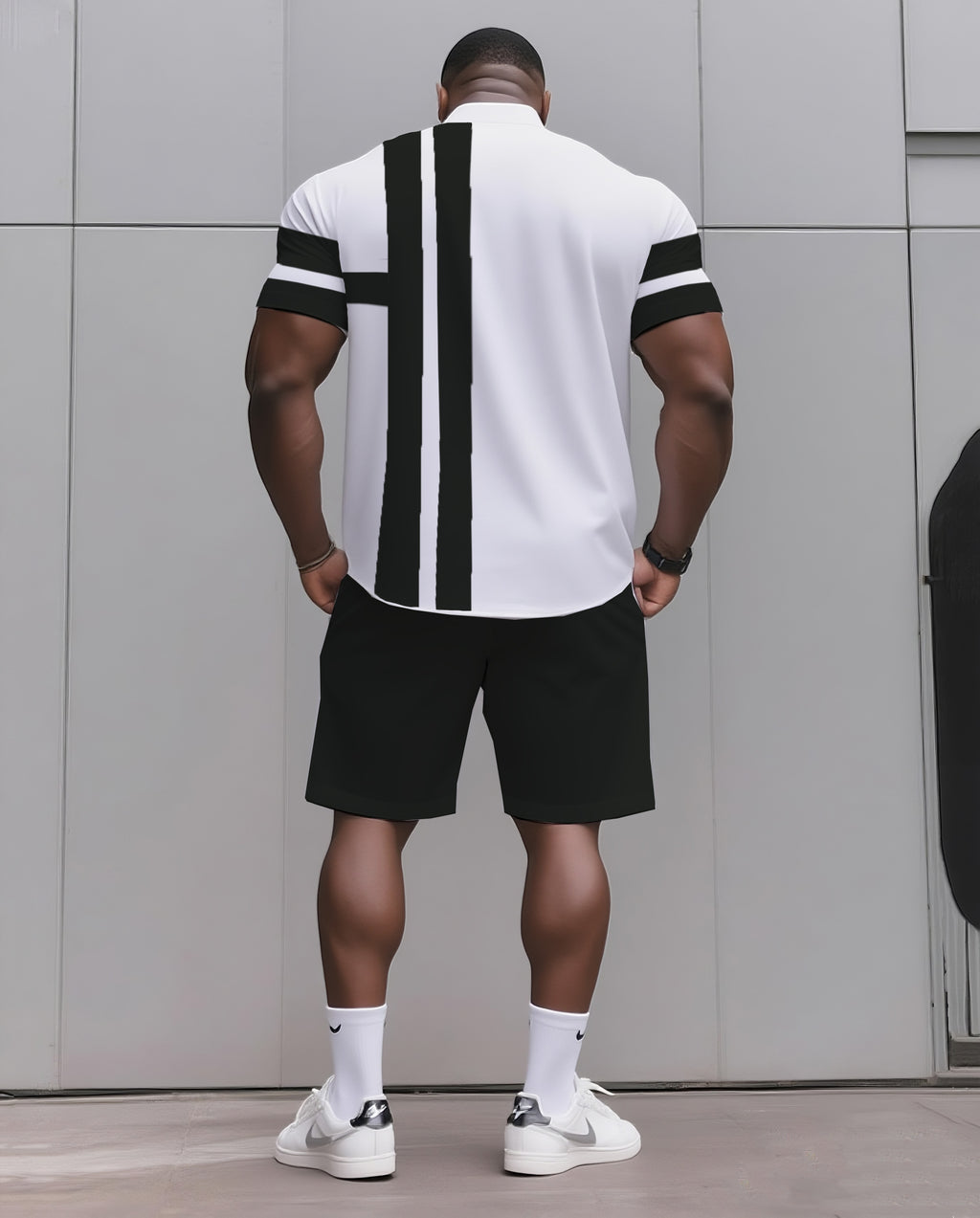Big & Tall Black Blue Striped T-Shirt Shorts Set for big men view 2