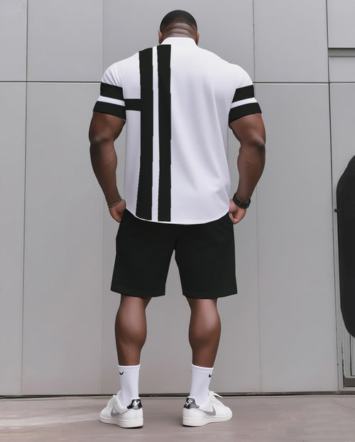 Big & Tall Black Blue Striped T-Shirt Shorts Set for big men view 2