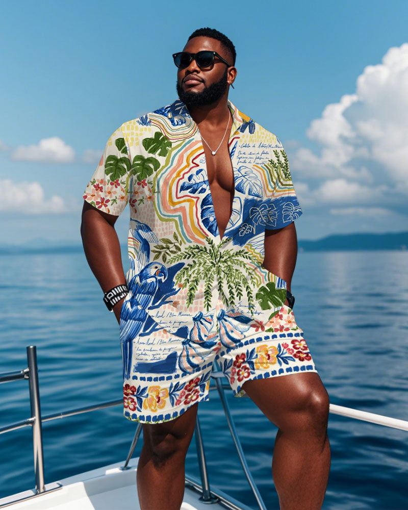 Big & Tall Hawaiian Tropical T-Shirt Shorts Set for big men view 1