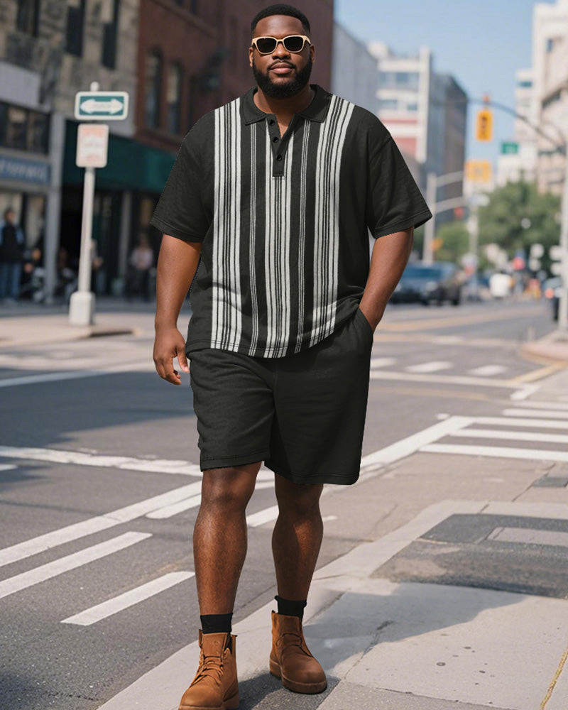Big & Tall Black Striped Graphic Polo Shorts Set for big men view 1