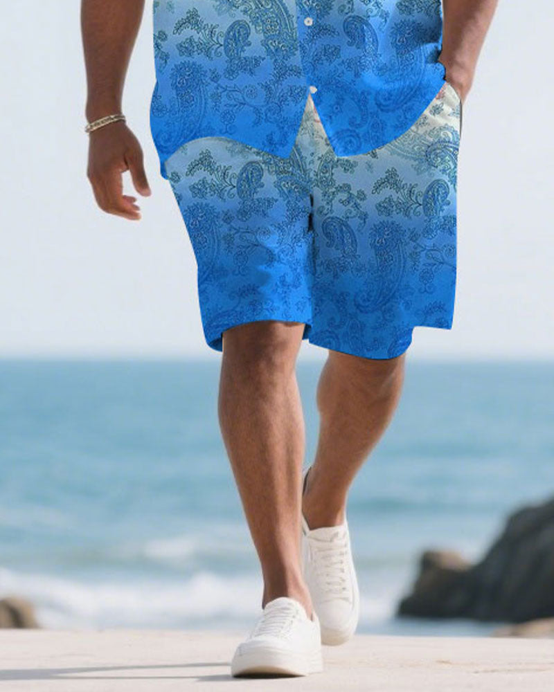 Big & Tall White Blue Hawaiian T-Shirt Shorts Set for big men view 3